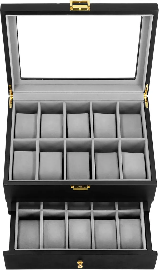 Coffret pour 20 montres avec tiroir en bois noir 29 x 21,5 x 16 cm