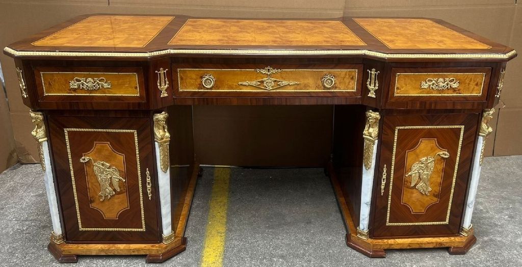 Casa Padrino Barock Schreibtisch Braun / Hellbraun / Weiß / Gold - Handgefertigter Barockstil Massivholz Bürotisch - Büro Möbel im Barockstil -...