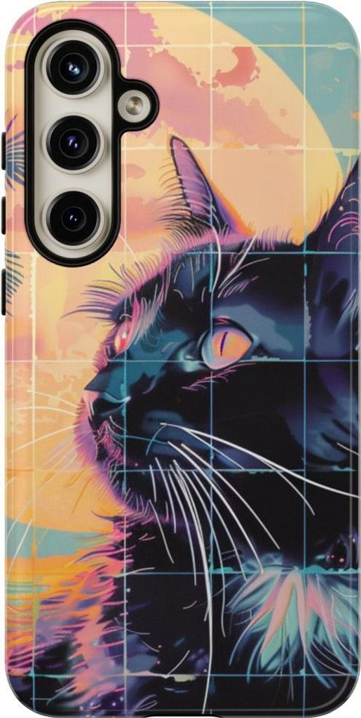 Lofi-Vaporwave-Katze vor Sonnenuntergang und Palmen – Hülle Kompatibel mit Samsung Galaxy S24 Plus