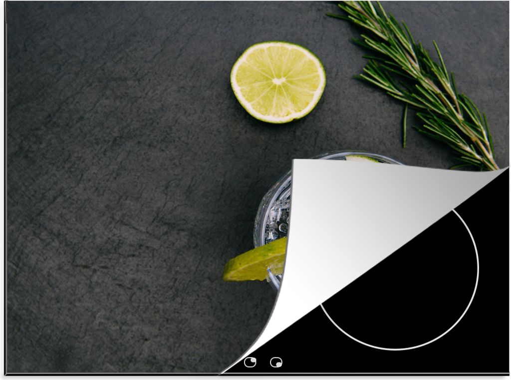 KitchenYeah Herdabdeckplatte Cocktail - Glas - Zitrone , 59x51cm, Küche Deko, Glaskeramikfeld Herdabdeckung, Abdeckplatte fùr Kochfeld