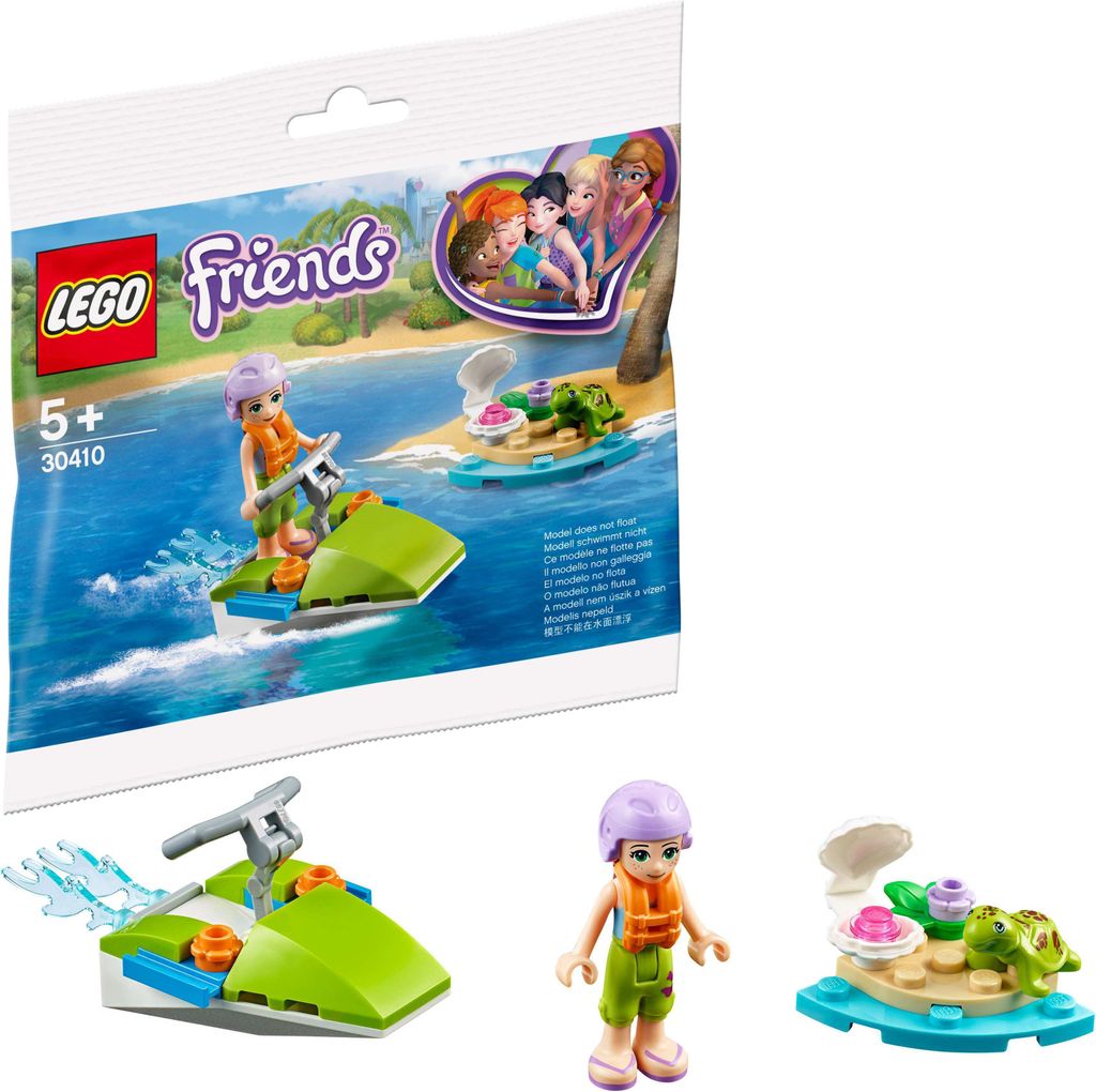 A LEGO Friends polybag set showing a jet ski, a mini-figure, and a small island with a turtle.