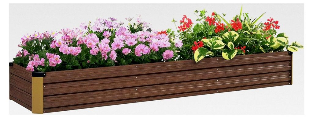 Hochbeet aus Stahl, Pflanzkasten mit offenem Boden, Blumenkasten in Holzoptik, Gemüse- und Kräuterbeet für Balkon und Garten, Dunkelbraun, 240 x...