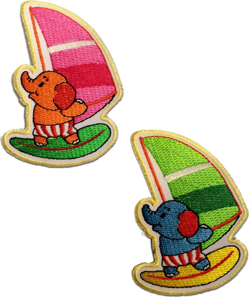 Surfender Elefant - Aufnäher, Bügelbild, Aufbügler, Applikationen, Patches, Flicken, Zum Aufbügeln, Größe: 6,0 x 8,5 cm