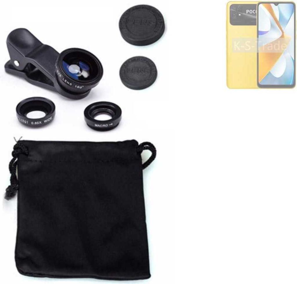 K-S-Trade Smartphone Kamera Linsen Set Kompatibel mit POCO C50 3in1 Clip-On Kamera Adapter Macro Weitwinkel FishEye Fischauge Objektiv Linse