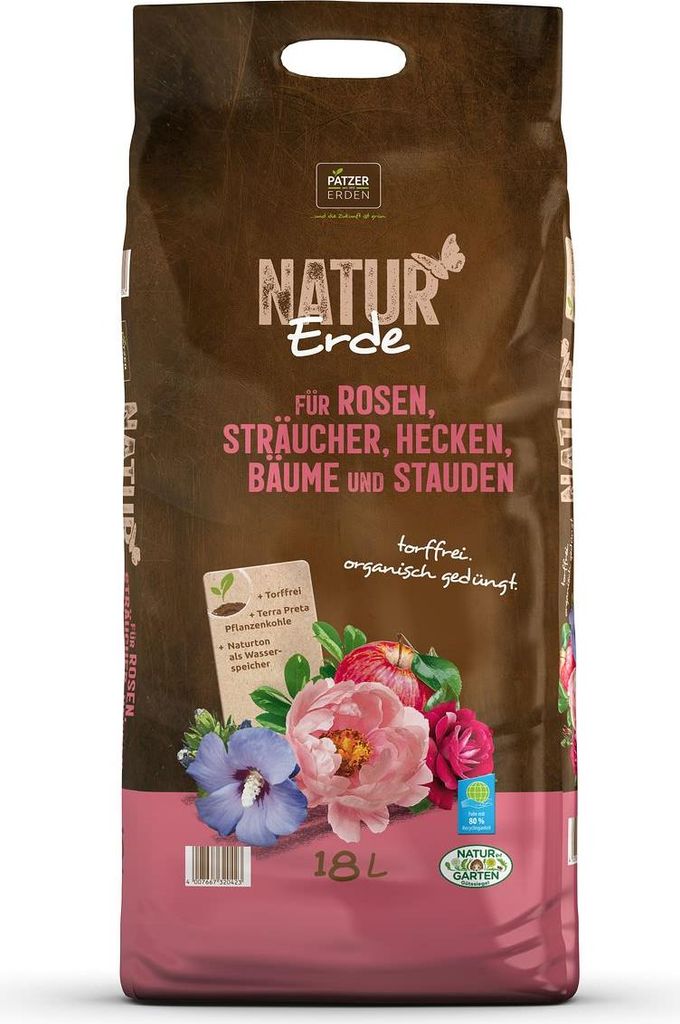 PATZER NATUR Erde für Stauden Sträucher Hecken Bäume & Rosen torffrei - 18 Liter