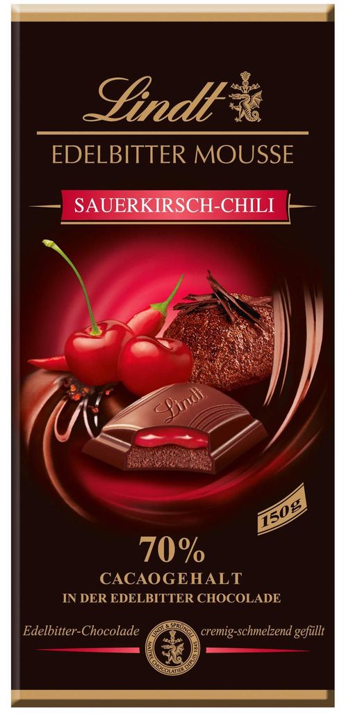 Lindt - EDELBITTER MOUSSE - Zure kers en chili - Tafel, Productafbeelding 