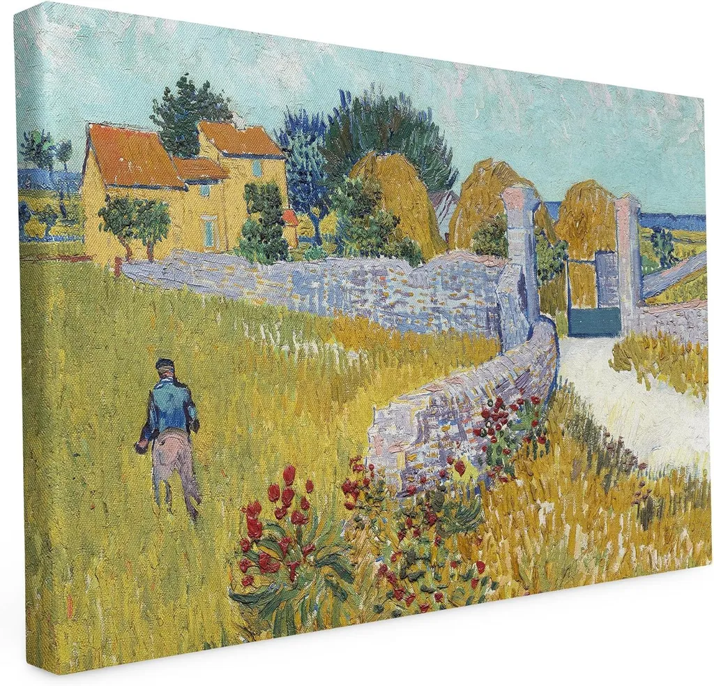 Dipinto di Van Gogh stampato su tela - 60L x 90B - Casale in Provenza (1888) - Quadro da parete - Cornice in legno da 2 cm - Tela da 280 g - Stampa artistica