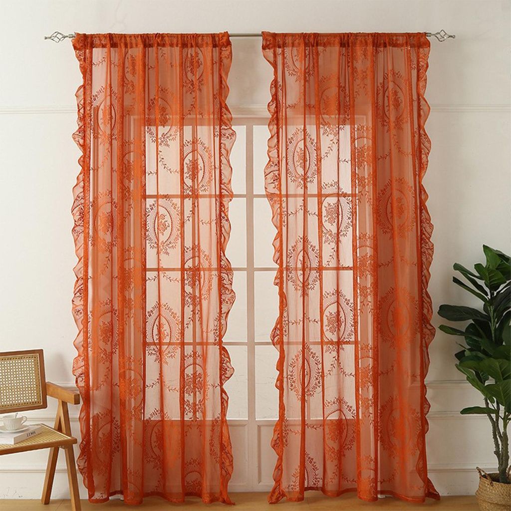 2 St Spitzenvorhänge Vintage Vorhänge Blumen Gardine mit Rüschen, Orange 140x160cm