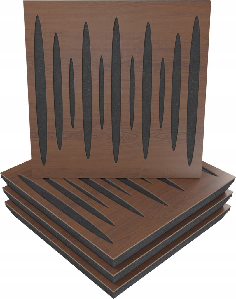 4 Stück AKUSTIK-WANDPANEELE mit Montageset | "PULSAR" 50x50x5cm | Absorption und Diffusion | Farbe: Nussbaum