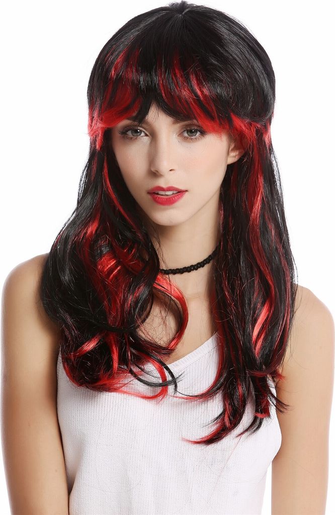 WIG ME UP Perücke Schwarz rote Strähnen Pony Produktbild 