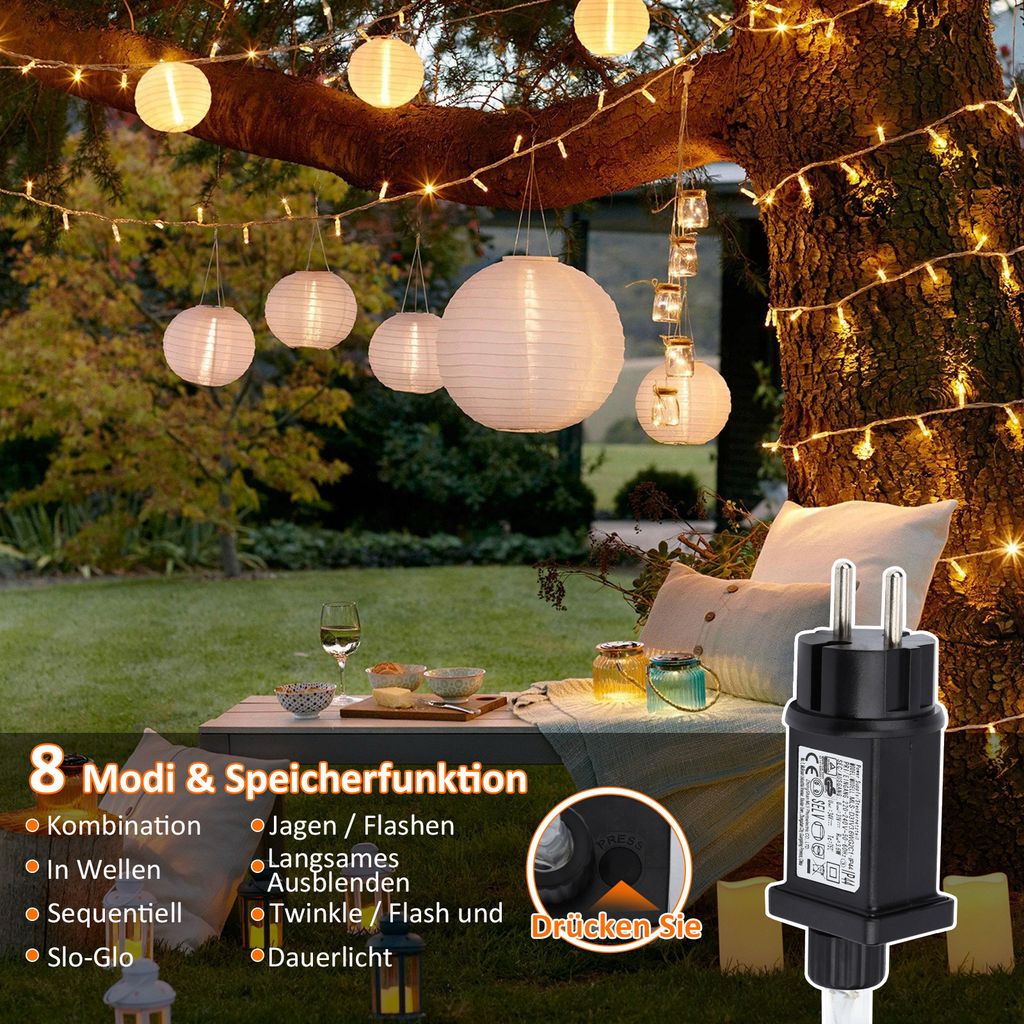 Guirlande LED 25M 200 Lumières Blanc Chaud – Télécommande, Minuterie, 8 Modes, Étanche IP44, Intérieur & Extérieur