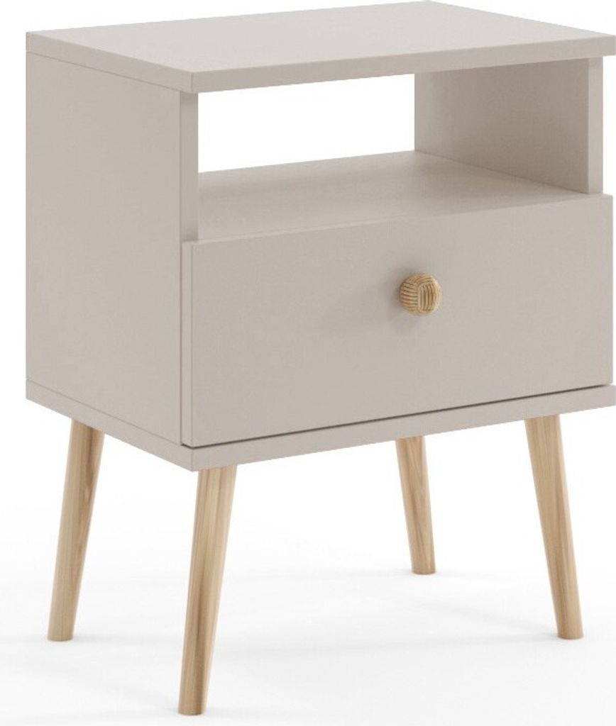 A modern beige nightstand with wooden legs and a single drawer.