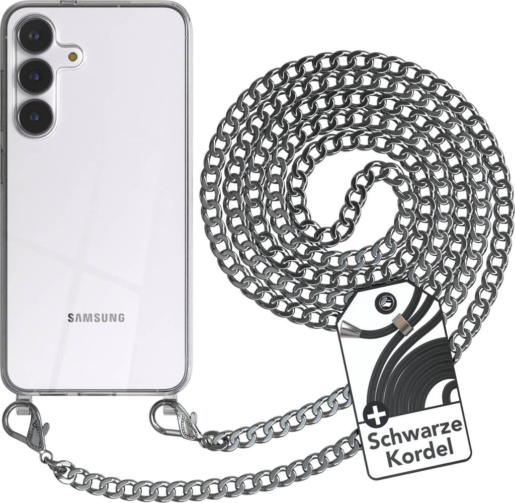 EAZY CASE Metall Handykette für Samsung Galaxy S25 FE, Handyhülle mit Umhängeband, Silikonhülle, Metallkette für Smartphone in Silber