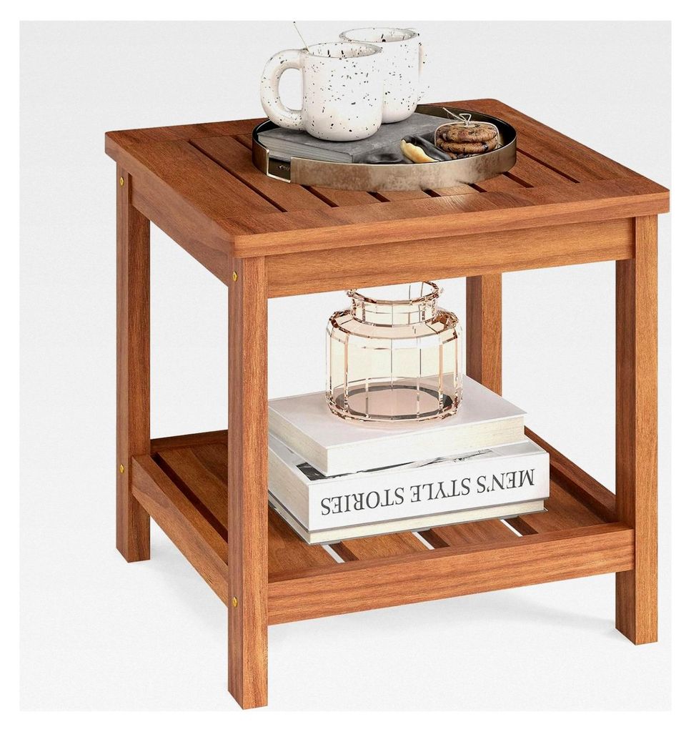 Wetterfester Beistelltisch aus Holz mit Ablagefach, kleiner quadratischer Gartentisch für Balkon, Terrasse, 45 x 45 x 44 cm