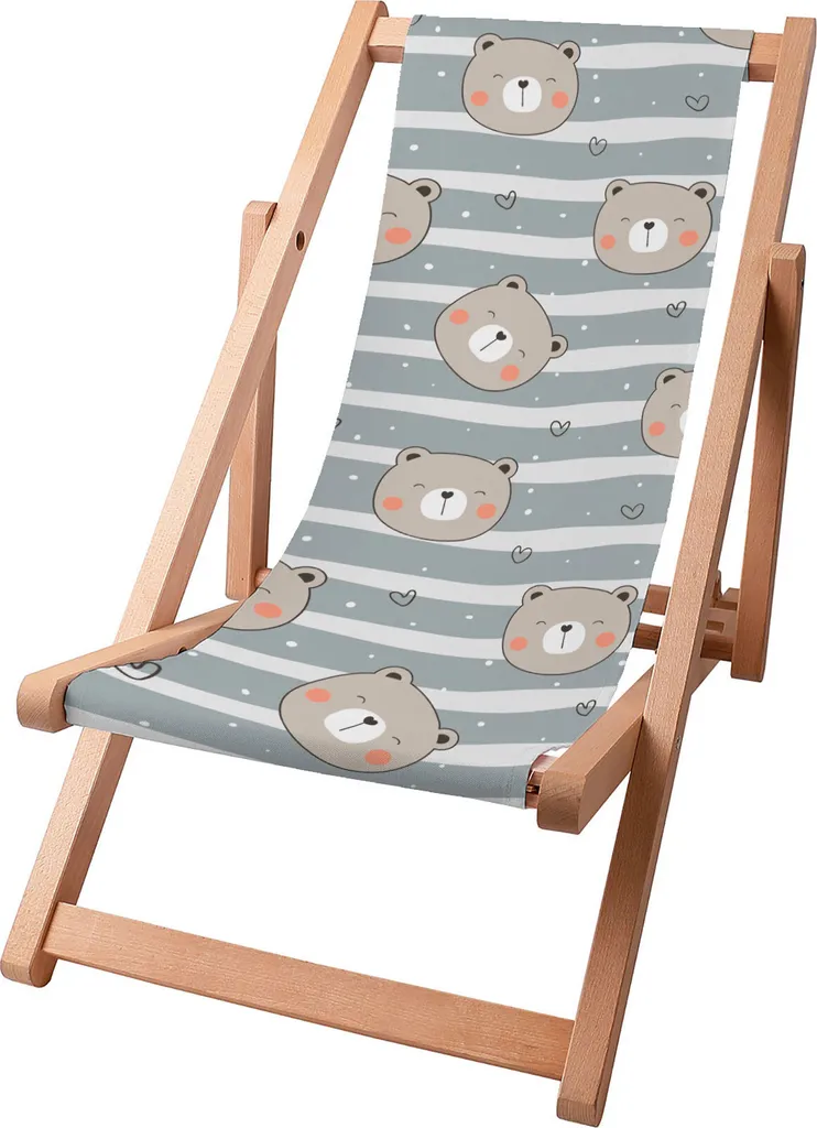 Sdraio per bambini Dreamroots pieghevole in legno, fino a 130 kg, sdraio pieghevole con regolazione dell'inclinazione dello schienale in 3 fasi, Happy Bear