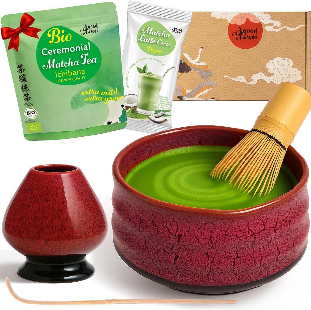 Matcha Teezeremonie Set "Yogan" mit Schale, Besen, Besenhalter & Matchapulver + Cocos – edles Komplettset für Matcha-Genuss und Zeremonie