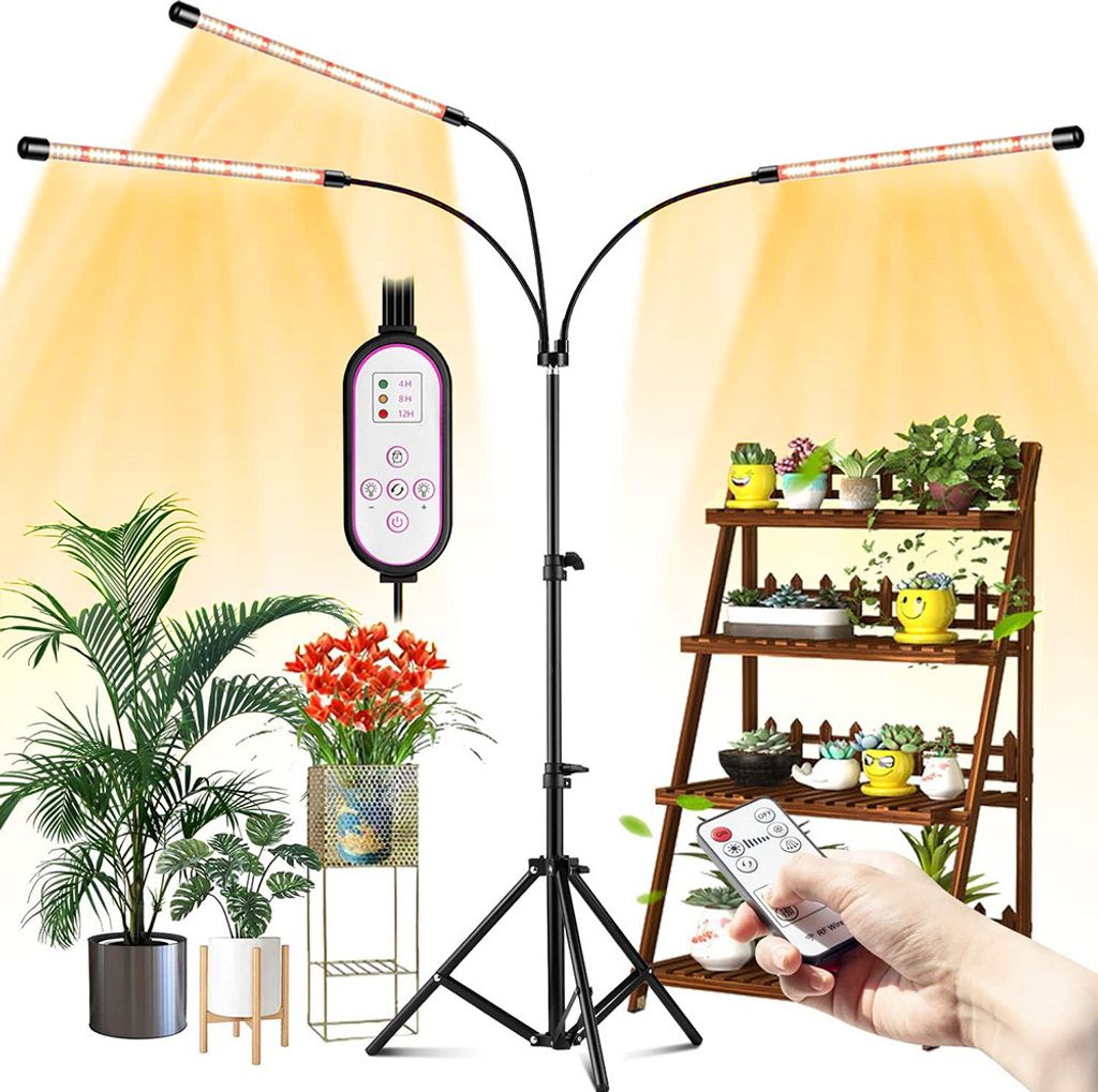 Pflanzenlampe mit Ständer 3 Kopf Pflanzenlicht LED Vollspektrum Grow Light Pflanzenleuchte für Zimmerpflanzen, Sonnenlicht Wachstumslampe mit Time