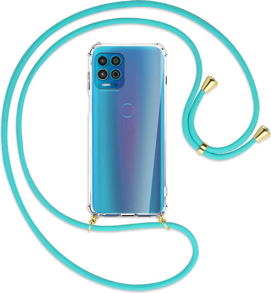 Handykette Backcover-Schutzhülle mit Band (Metall goldfarben) für Motorola Moto G100 - türkis