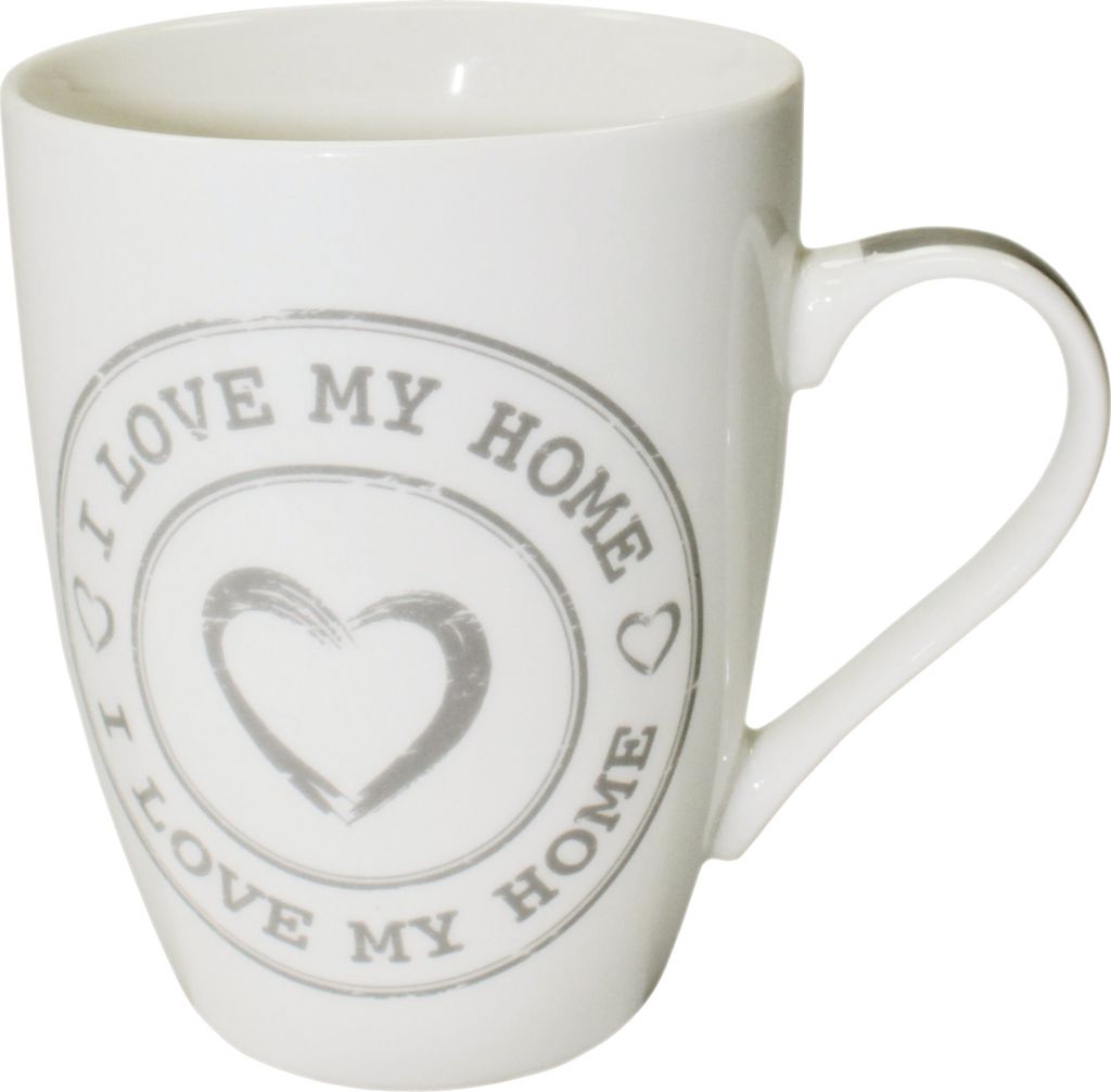 Kaffeetasse "I love my home" Henkel Tasse mit Herz Porzellan Becher Weiß mit Grau