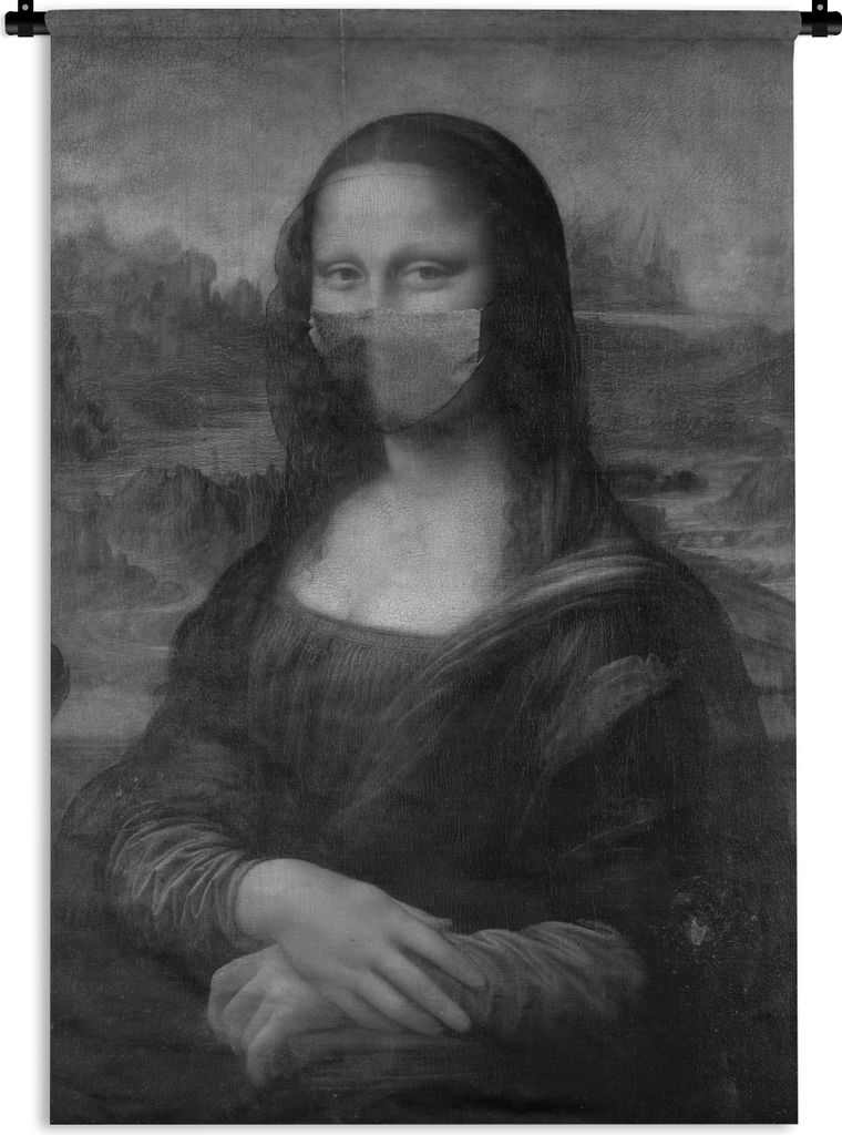 MuchoWow Wandteppich Wandbehang Mona Lisa mit dunkelblauer Mundhaube - Gemälde von Leonardo da Vinci - schwarz-weiß 90x135 cm Tapisserie Dekora...