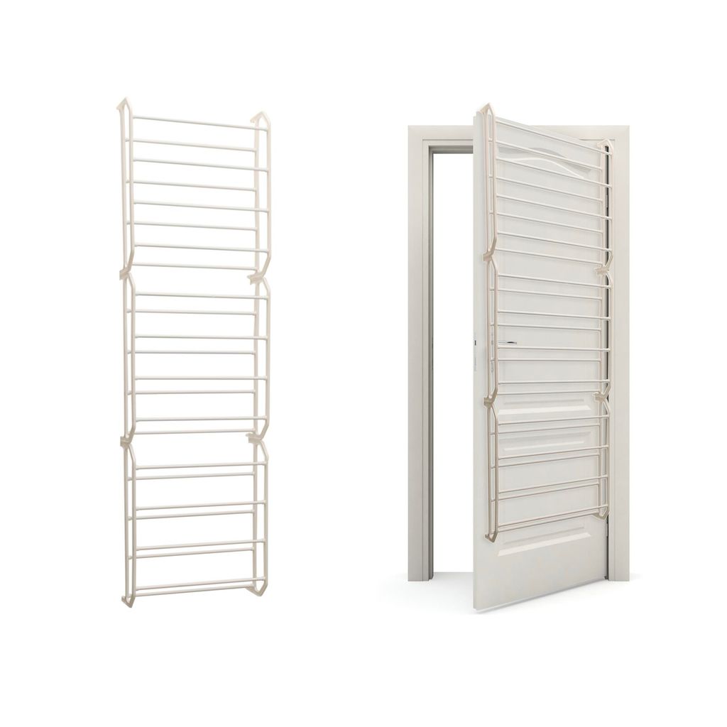 A white wire shoe rack is shown, detached and then attached to a white door.