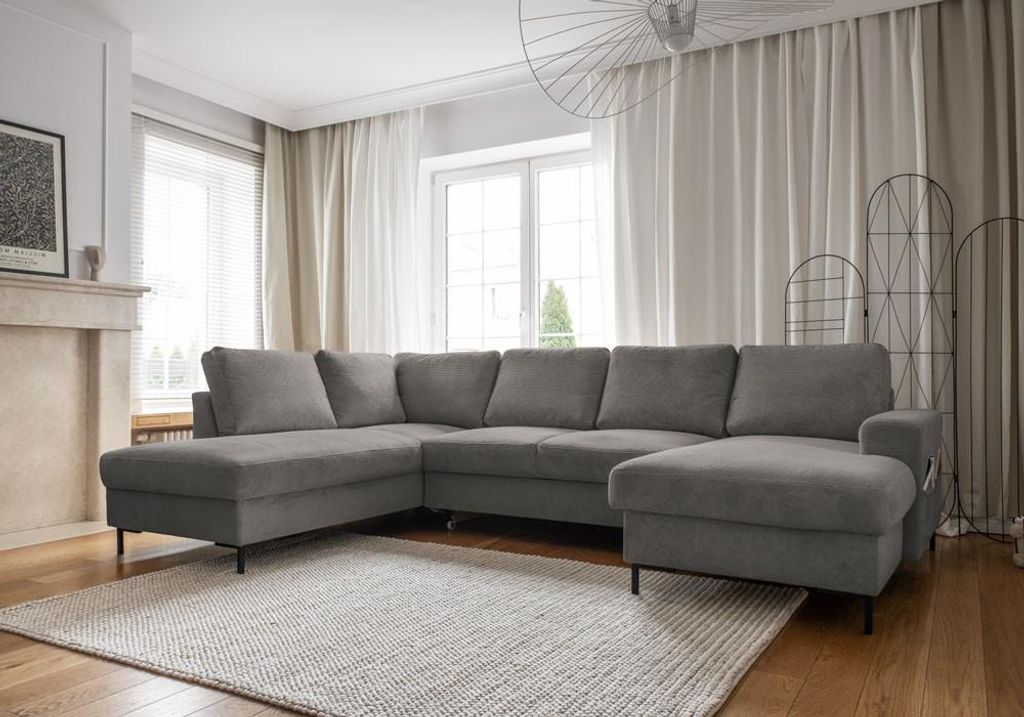 MIUFORM Lofty Lilly - Ecksofa mit Bettfunktion und Bettkasten U-FORM LINKS - 303 x 197 cm - Hellgrau - Sofa Schlafsofa Couch