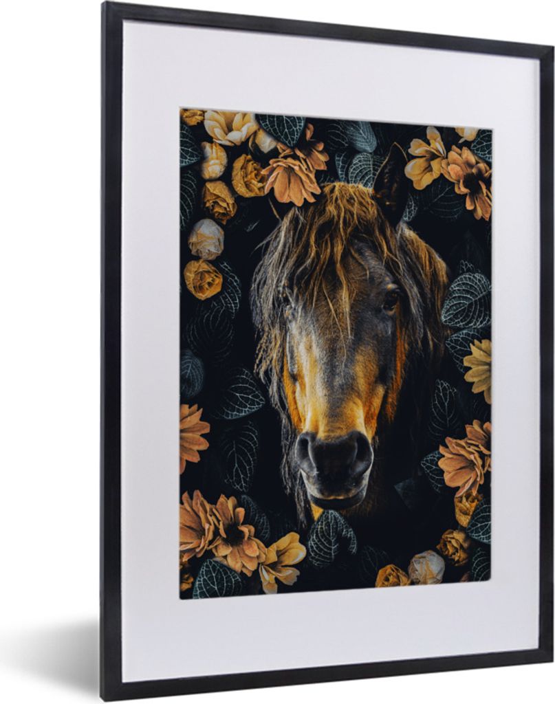 MuchoWow MuchoWow Gerahmtes Poster Pferd - Blumen - Orange 30x40 cm - Poster mit zchwarzem Bilderrahmen - Wandposter Schlafzimmer