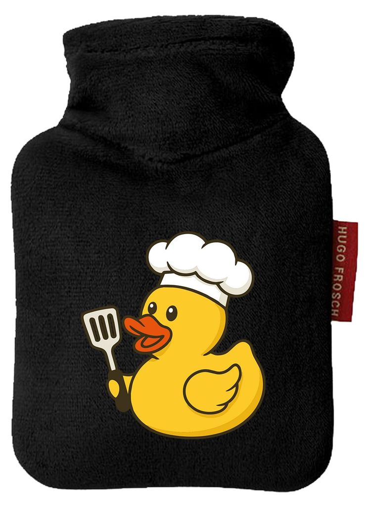 Huuraa Mini-Wärmflasche Quietscheente Küche Comic Gummiente 0,2 Liter Black Mini Veloursbezug Taschenwärmer Geschenkidee