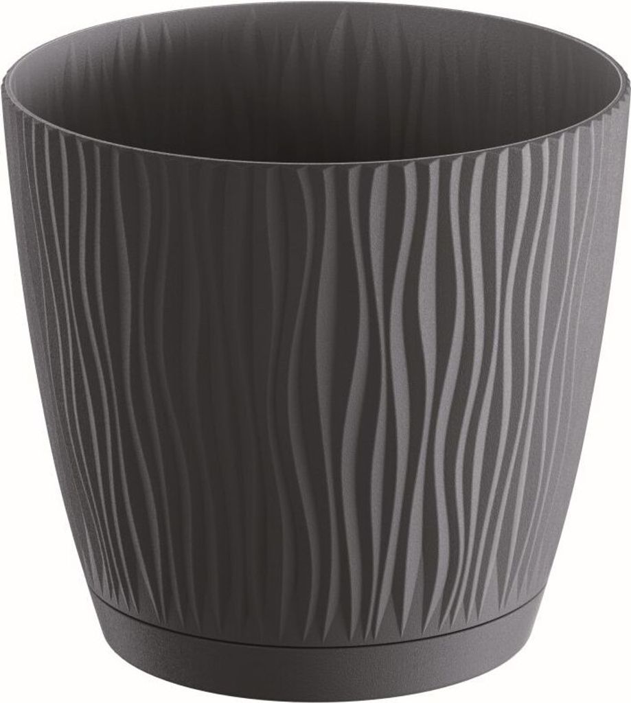 A gray plastic plant pot with a textured wavy pattern.