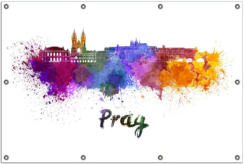 Wallario Outdoor-Poster für Garten oder Balkon, Motiv Städte als Aquarell - Skyline von Prag, in ca. 100 x 150 cm