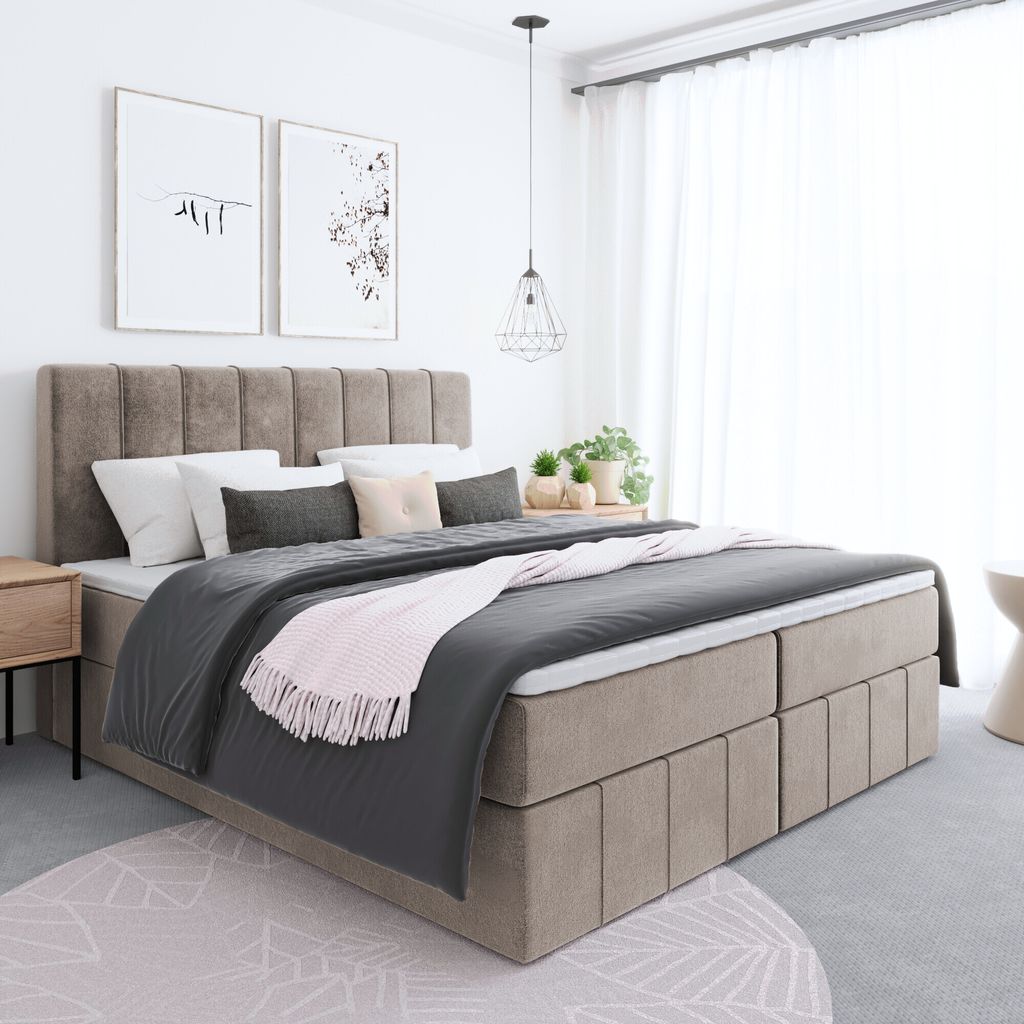 Bett, Boxspringbett BEGI mit Taschen-Matraze, Bettkästen, OHNE Topper, Doppelbett, Stauraum, Federkern, 180x200 cm, (Cappuccino - ITAKA 48)