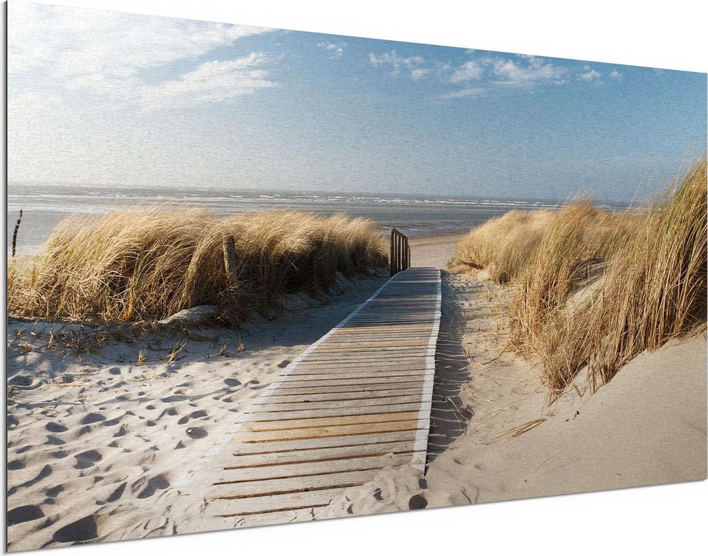 DEQORI Alu-Dibond Bild Silber 100x50 cm 'Strandaufgang am Meer' Wandbild Metall dünn