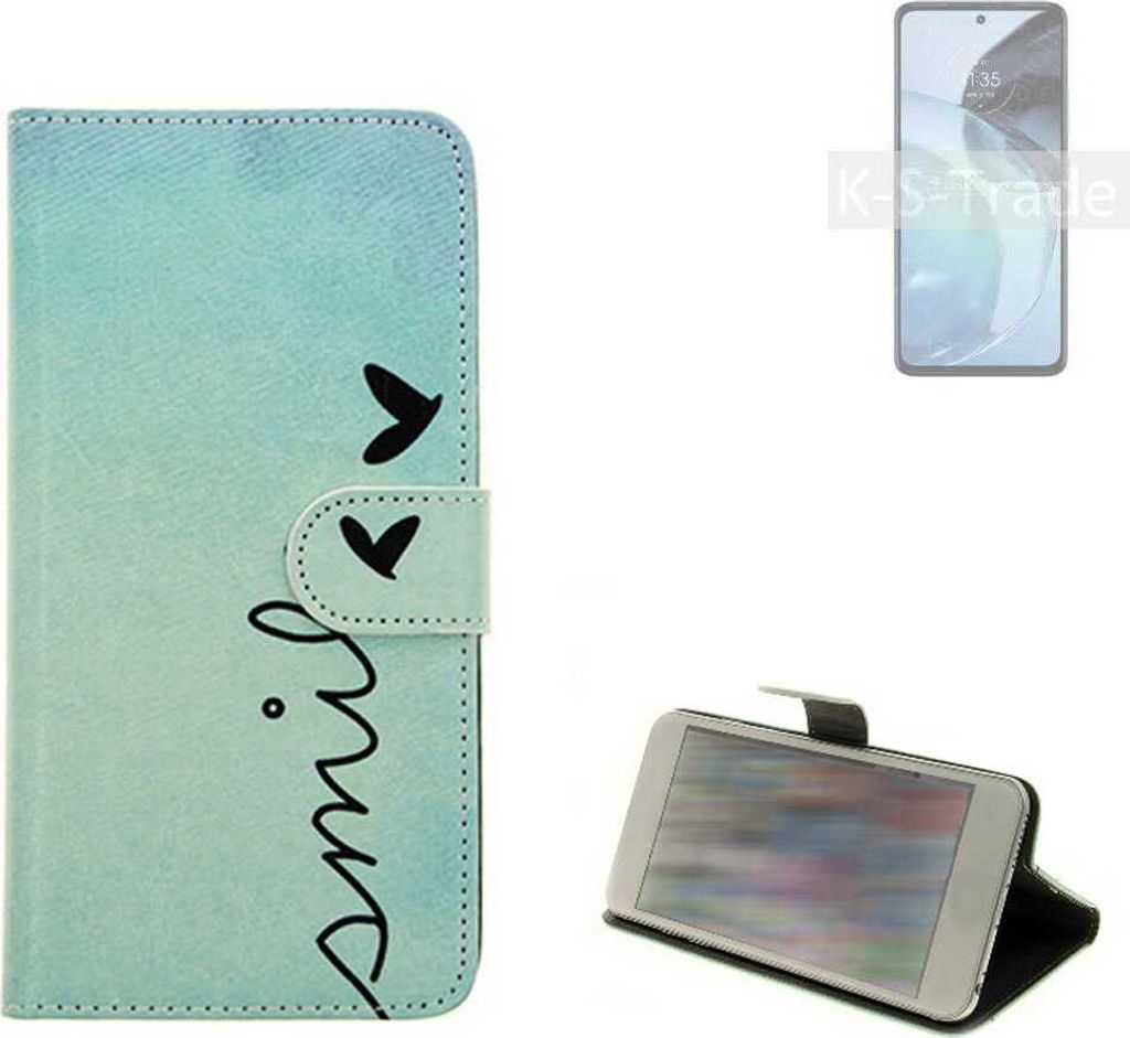 K-S-Trade Schutz Hülle Handy Hülle kompatibel mit Motorola Moto G72 Hülle Handyhülle cover bookstyle Etui Handyhülle ''smile'' türkis