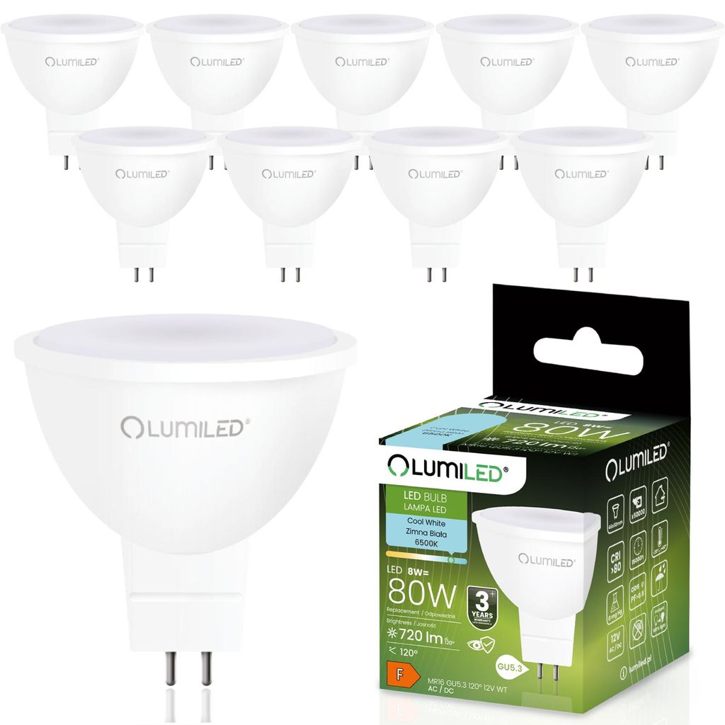 LUMILED GU5.3 LED Lampen Leuchtmittel Spot 10 Stück Set, MR16 8W (entspricht 80W Halogen Glühlampen) 6500K Kaltweiß 12V 720 Lumen 120° Abstrahl...