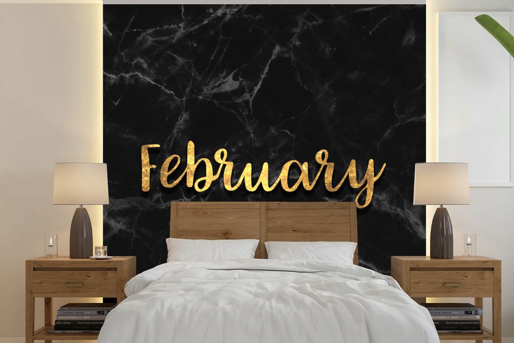 MuchoWow Fototapete für Wohnzimmer oder Schlafzimmer Wandtapete Vinyl Motivtapete Kalender - Februar - Gold - Marmor - 260x260 cm - Papiertapeten