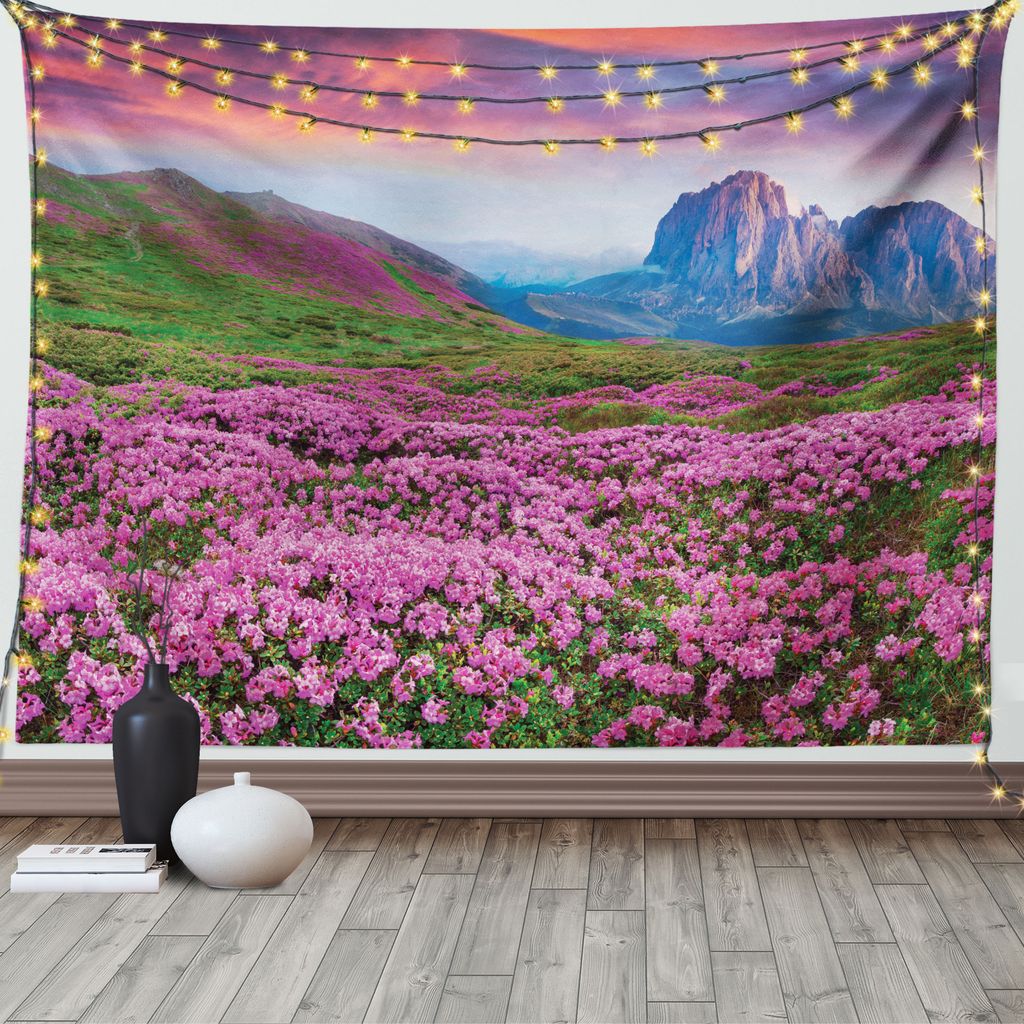 ABAKUHAUS Landschaft Wandteppich, Mountain Village Herbst, Wohnzimmer Schlafzimmer Wandtuch Seidiges Satin Wandteppich, 150 x 100 cm, Grün Rosa