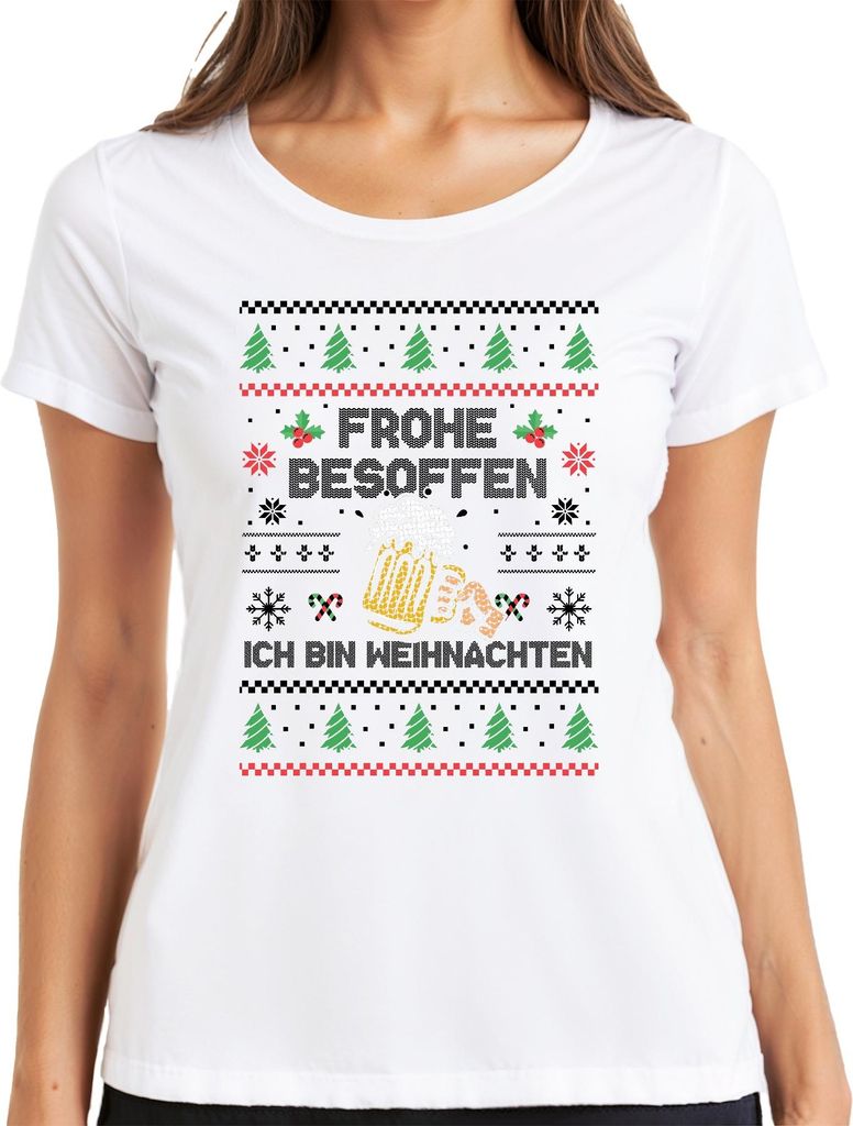 Frohe Besoffen Lustiger Weihnachtsspruch - Weihnachten Weihnachtsgeschenk Christmas Damen T-Shirt, Weiß, XXL