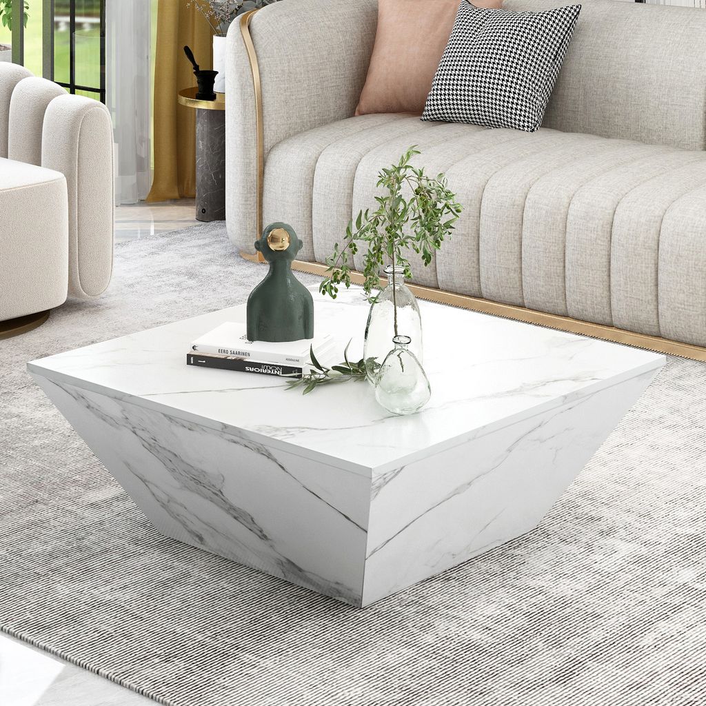 MODFU Couchtisch, Trapezförmiger weißer Marmorfurnier Couchtisch, Wohnzimmertisch 70*70*37cm, Weiß