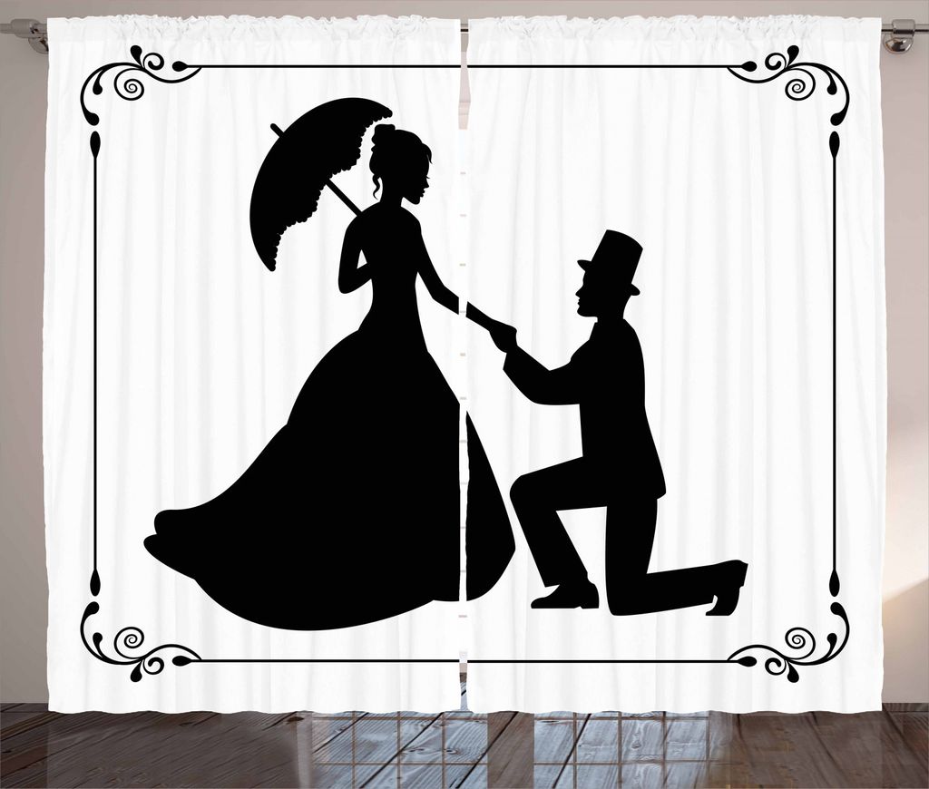 ABAKUHAUS Engagement Rustikaler Gardine, Heiratsantrag, Schlafzimmer Kräuselband Vorhang mit Schlaufen und Haken, 280 x 245 cm, Schwarz und weiß
