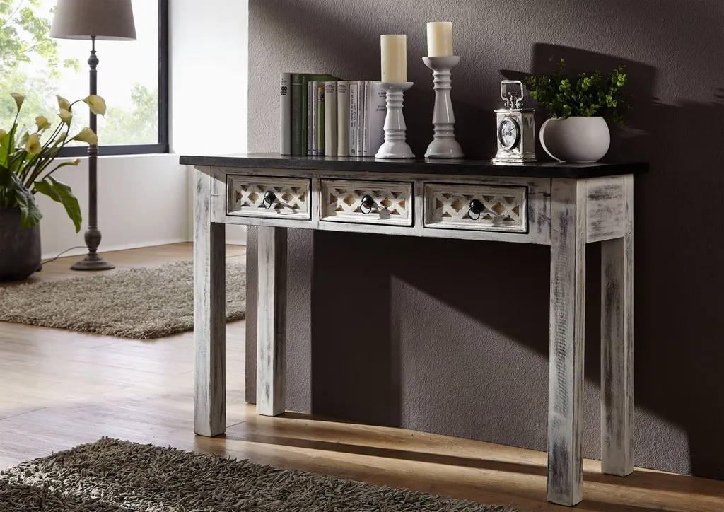 Meuble console manguier massif ciré blanc 120x40 cm CASTLE-ANTIK d'époque
