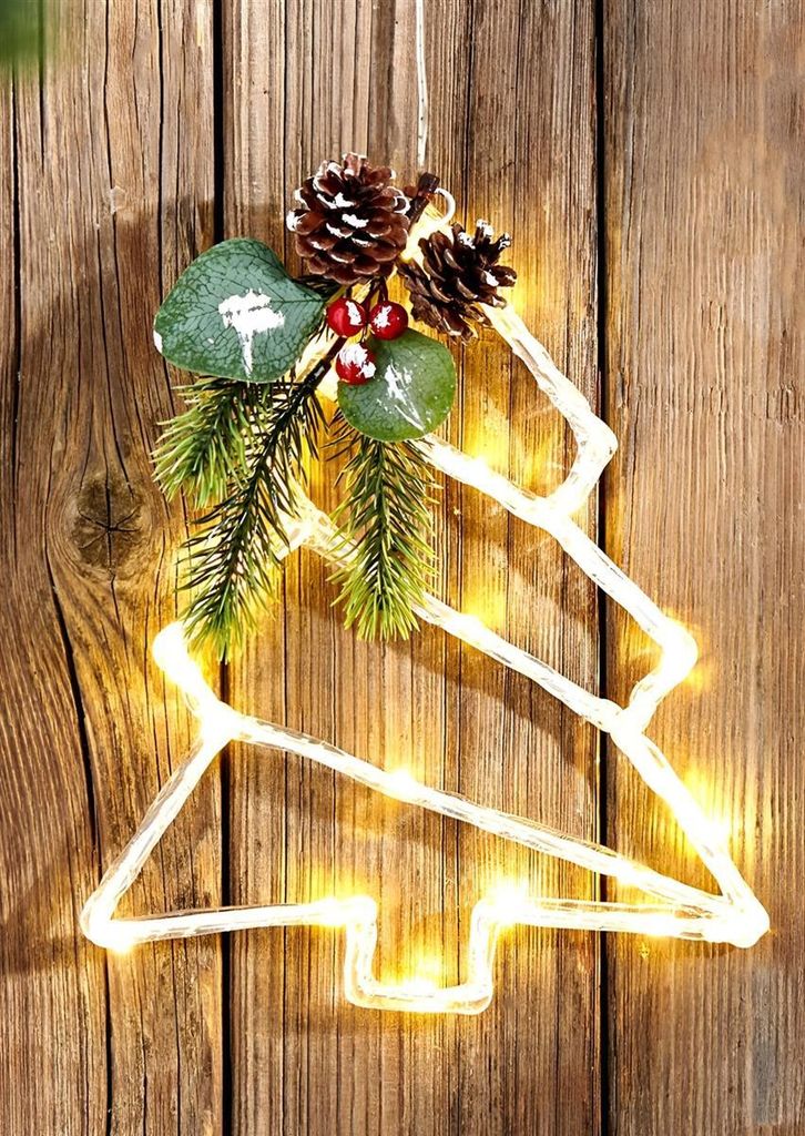 LED Wanddeko "Tanne" 25 cm hoch, mit Lichterkette, Zweigen und Tannenzapfen, Weihnachtsdeko, Leuchtdeko