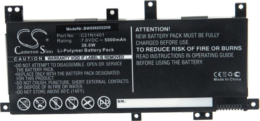 vhbw Akku kompatibel mit Asus X455LA-WX040H, X455LA-WX054H, X455LA-WX055H, X455LA-WX053H, X455LA-WX053D Notebook (5000 mAh, 7,6 V, Li-Polymer)