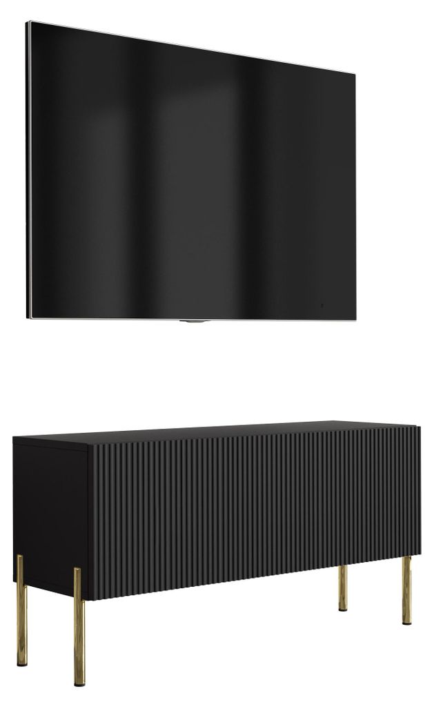 TV-Schrank mit geriffelter Front, Mattschwarz, gerade goldene Beine, 100 × 32 × 52 cm