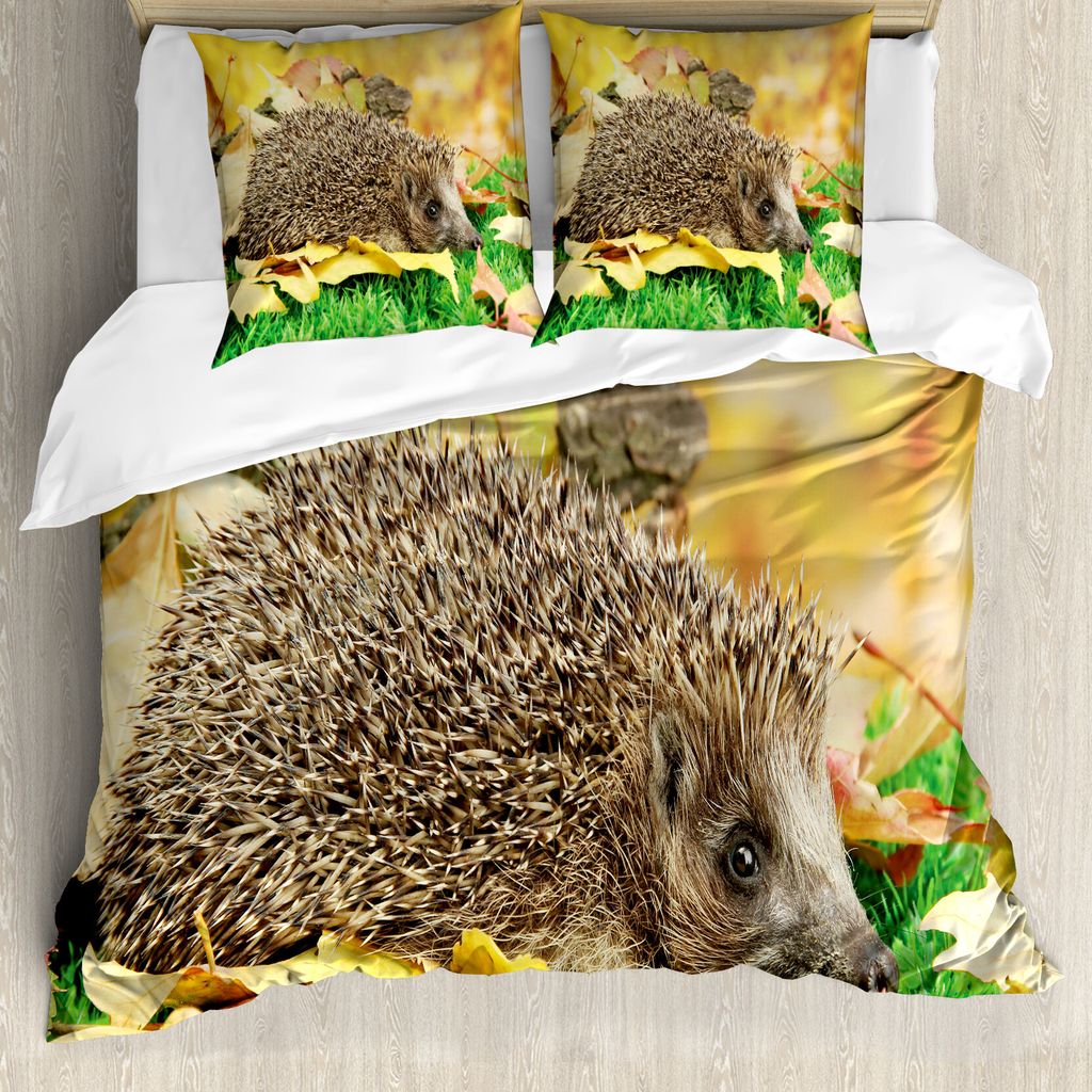 ABAKUHAUS Igel Bettbezug, Kleiner Igel, Milbensicher Allergiker geeignet mit Kissenbezügen, 200 cm x 200 cm - 80 x 80 cm, Brown Erde Gelb Grün