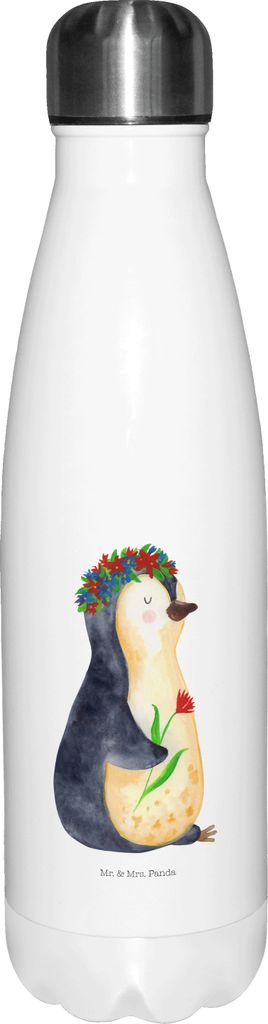 Mr. & Mrs. Panda Trinkflasche Pinguin Blumen - Weiß - Geschenk, trinkflaschen, Motivation, thermobehälter, Blumenliebe, Wunderschön, Geschenkide...