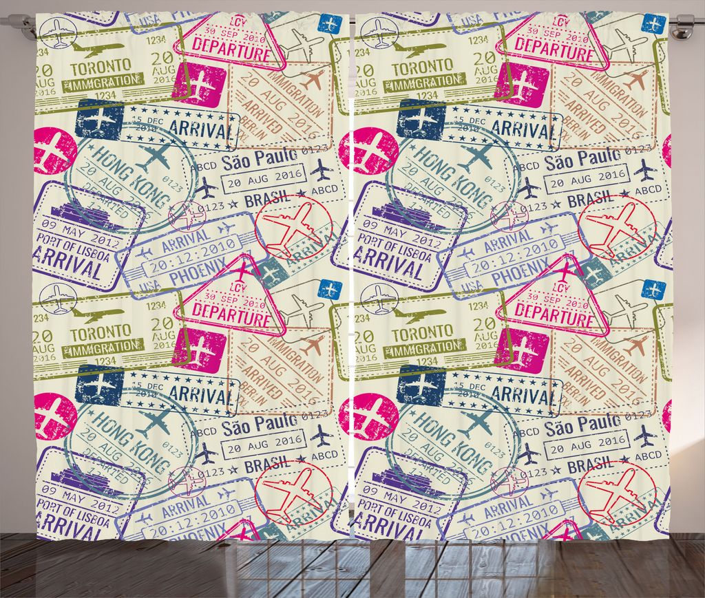 ABAKUHAUS Reise Rustikaler Gardine, Passport Stamps Städte, Schlafzimmer Kräuselband Vorhang mit Schlaufen und Haken, 280 x 175 cm, Eischale und ...