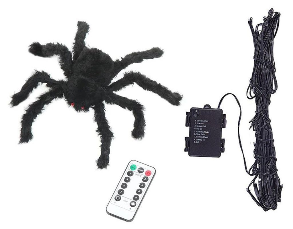OKWISH Lichterketten, Halloween Lichterkette Spinnennetz, Wasserdichte LED Batterie Lichterkette mit Fernbedienung, 30 cm Spinnen Dekoration, Hallo...