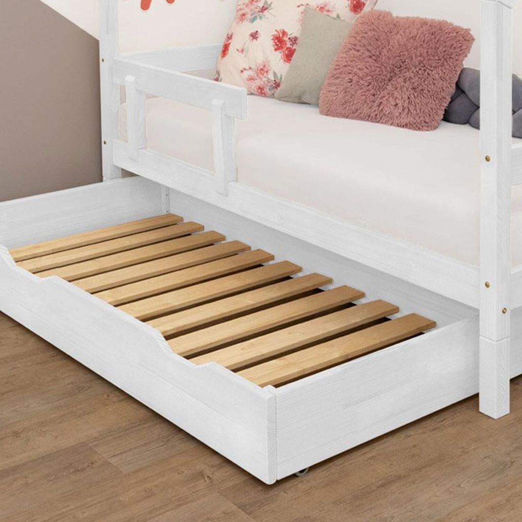 Under Bed Wooden Drawer with two cutouts BUDDY on Wheels - White - With slack and full bottom - 80 x 140 cm (under bed 80 x 160 cm)