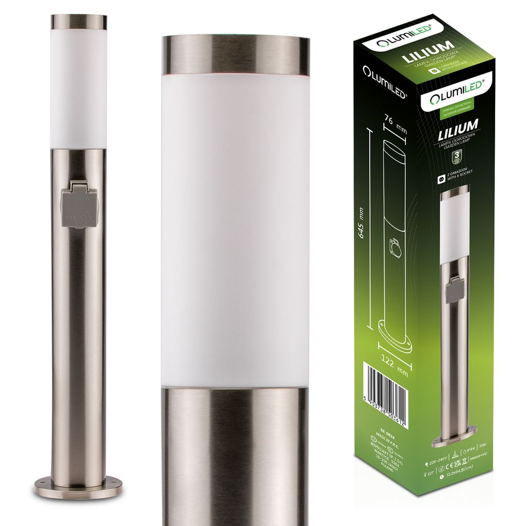 A product shot of a silver and white outdoor lamp and its packaging.