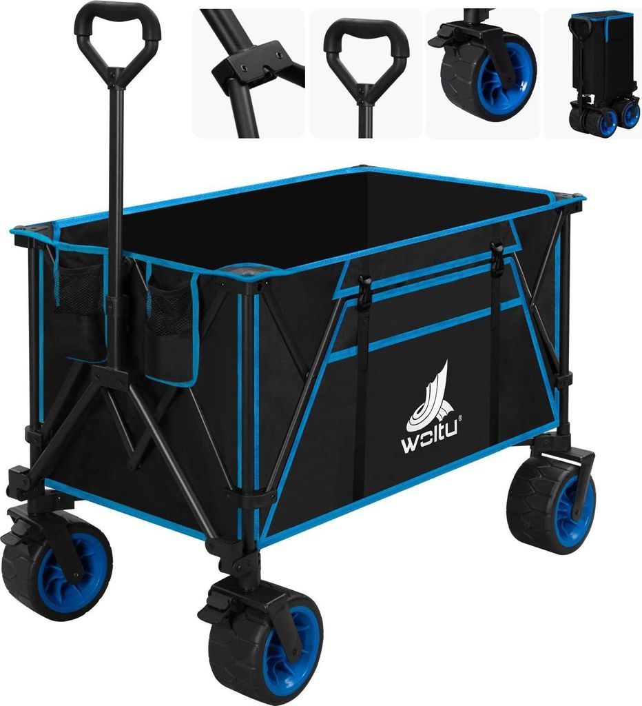 Faltbarer Bollerwagen - Transportwagen - 120 kg Traglast - Bremsen - Geländereifen 16x10 cm - 600D Oxford-Gewebe - Stahlrahmen - Blau